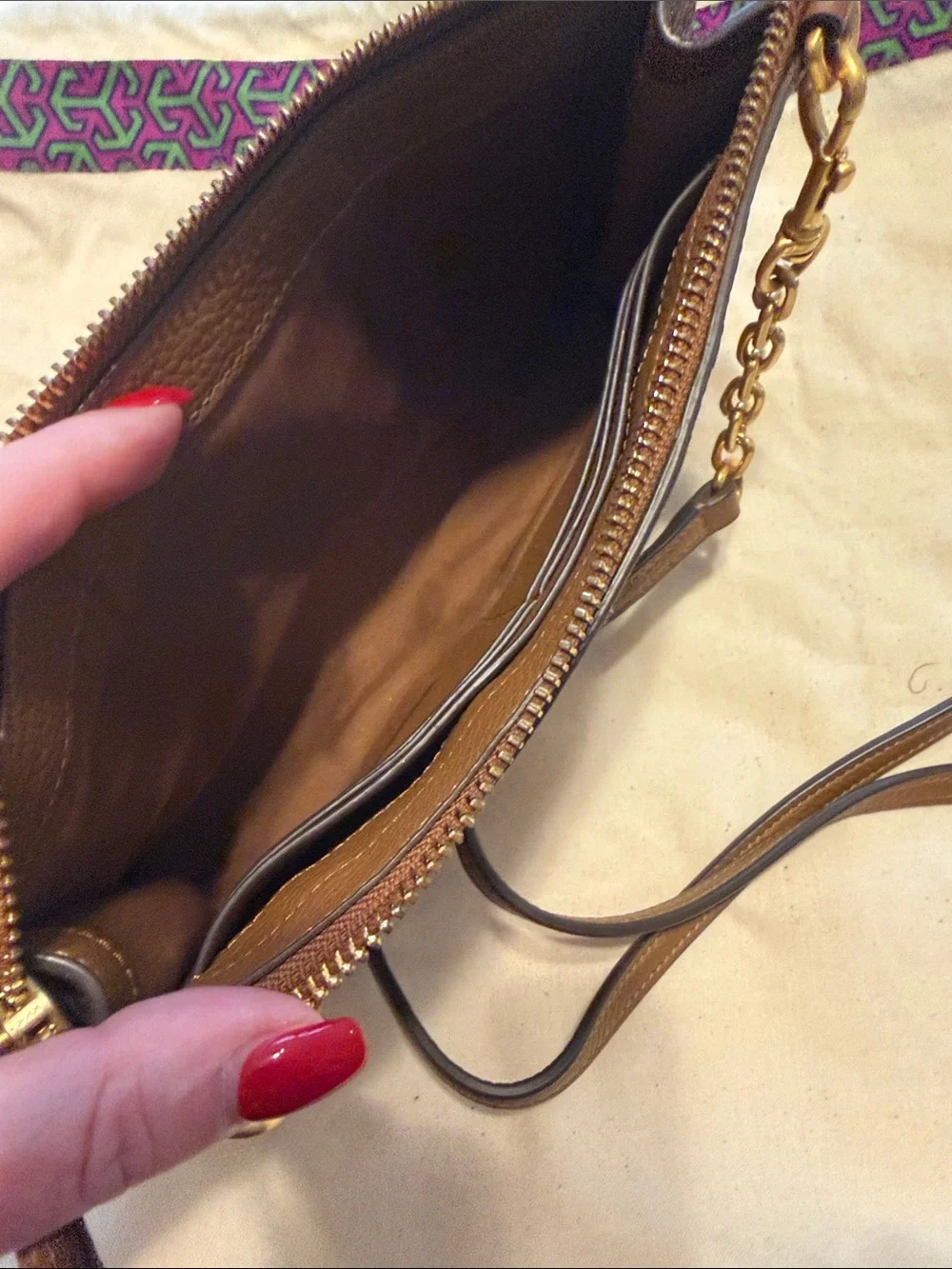 Tory Burch Brown Leather Crossbody Bag with Suede Striped Detail